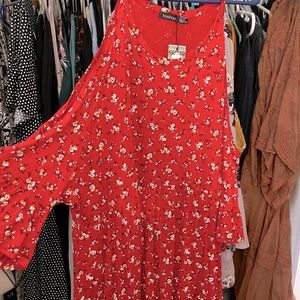 Red Floral Cold Shoulder Dress